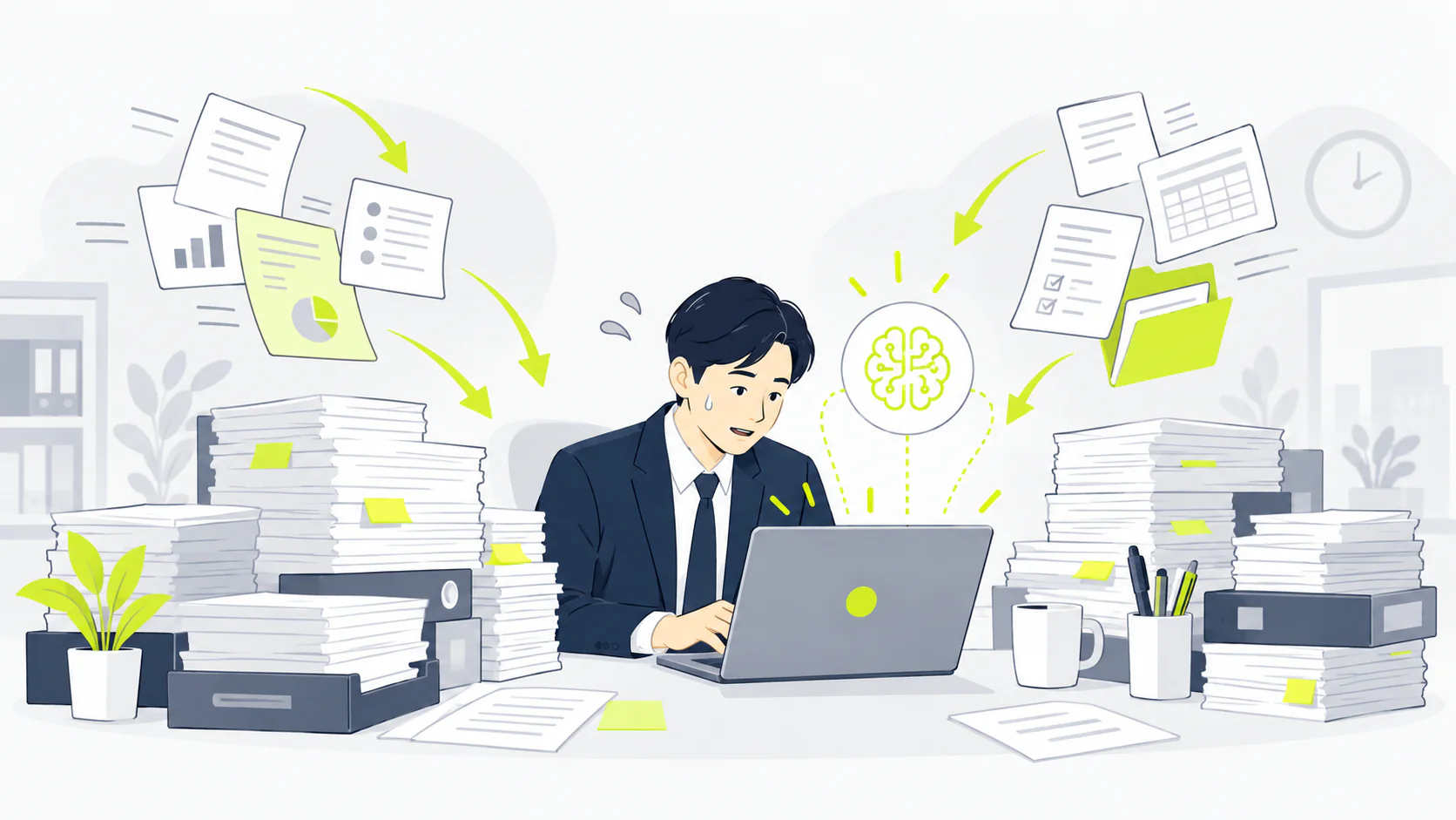 AIによる効率化だけでは仕事の負担が減らないことを示す統一タッチのイラスト